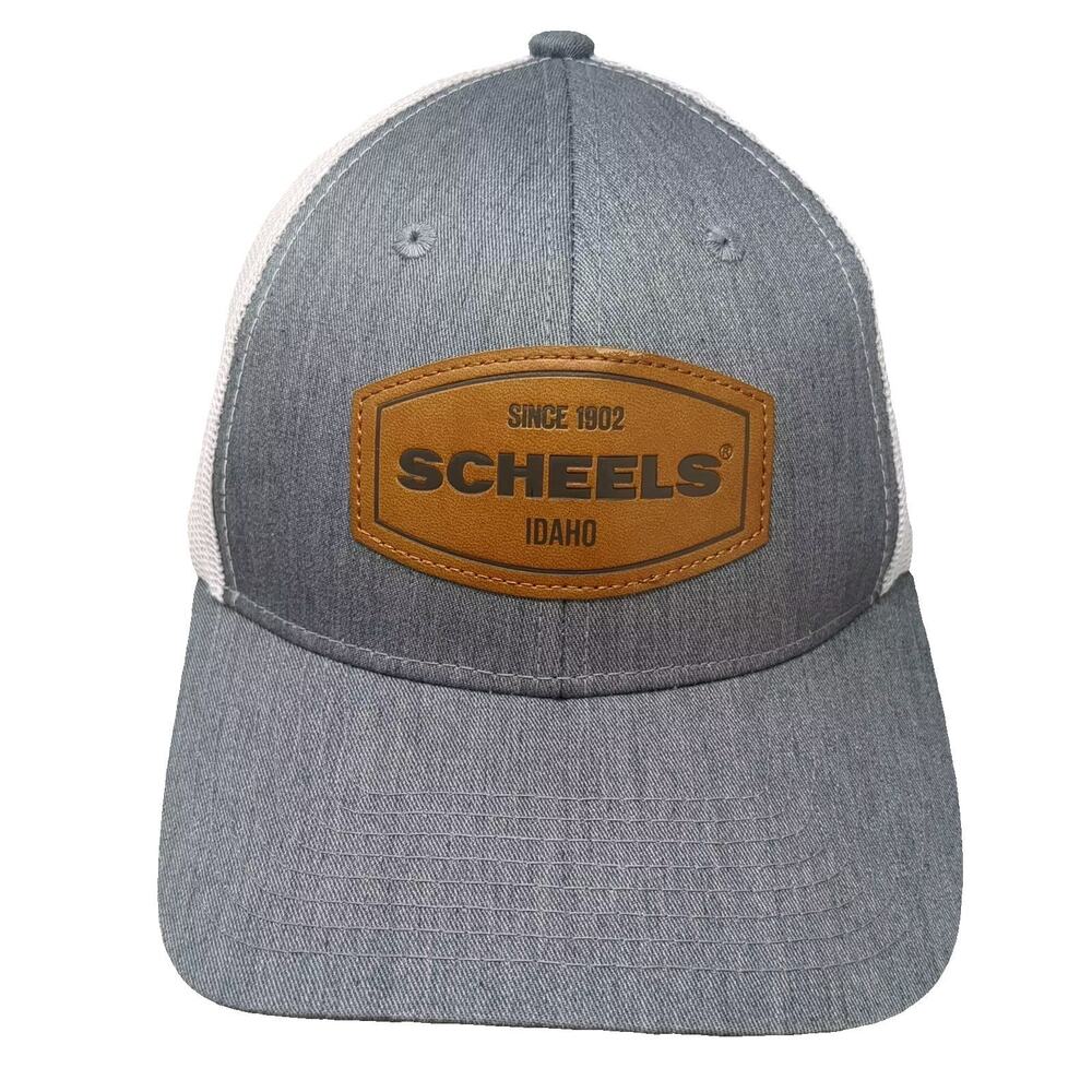 Scheels Trucker Hat Gray White OS Snapback Mesh Back Idaho Leather Logo Patch